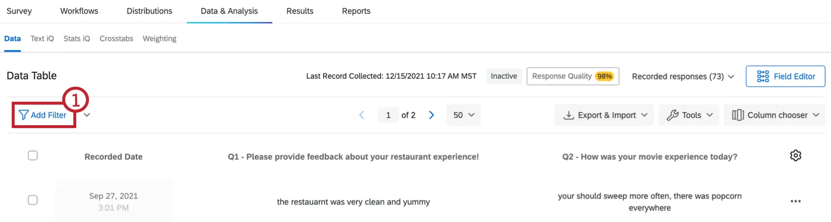 Agregar botón de filtro dentro de los datos y análisis
