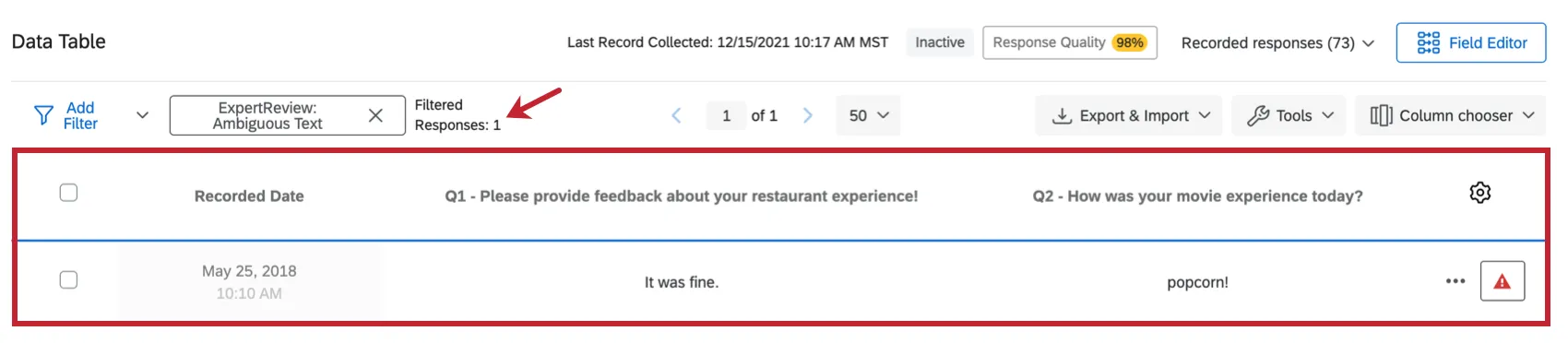 Filtered responses. Shows number of filtered responses up top