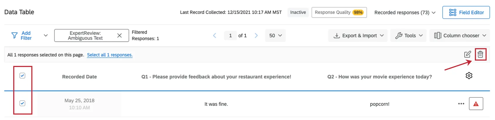 Along left are selection boxes and trash icon is highlighted