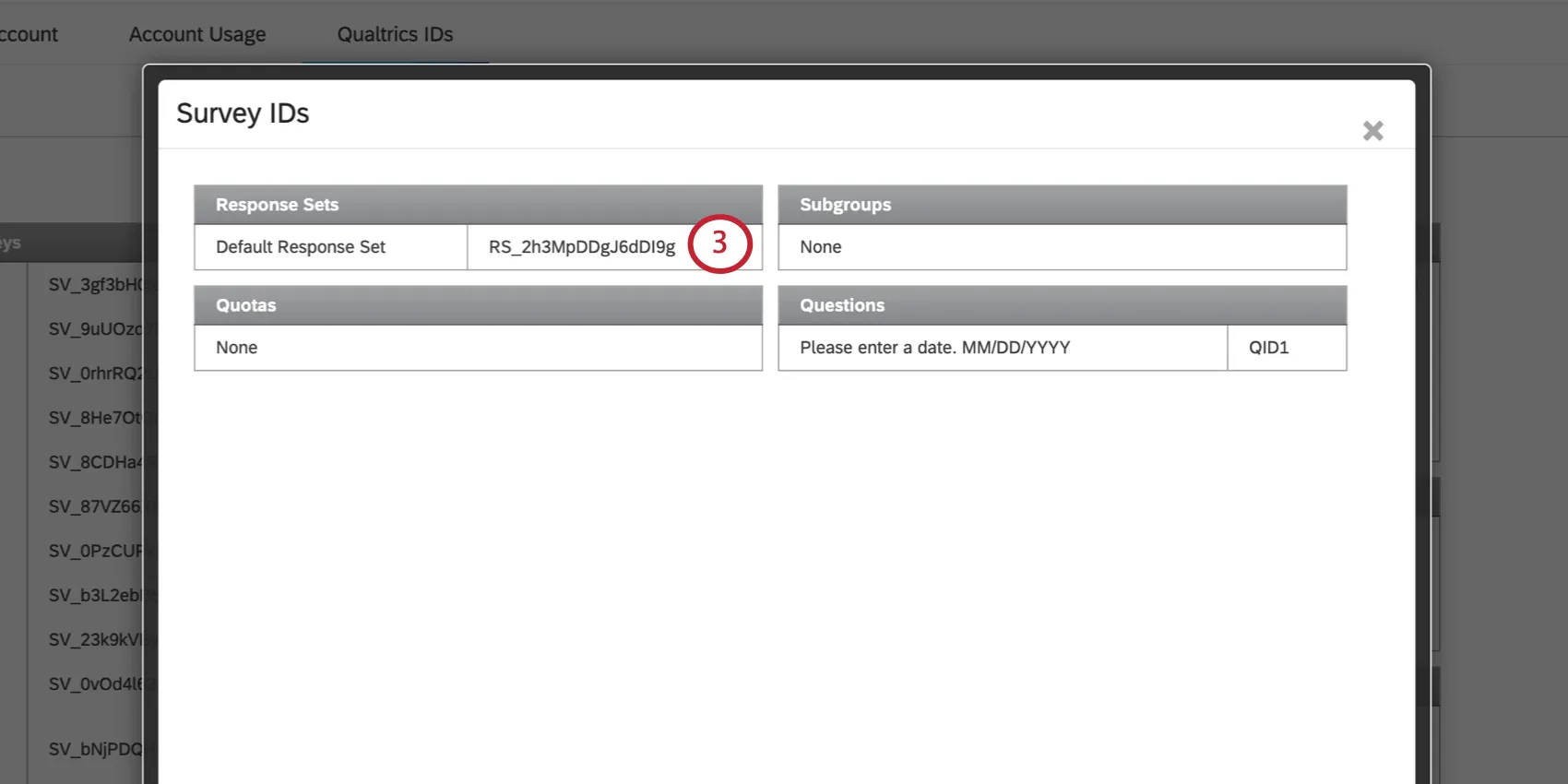 Survey IDs window opens, contains a table for response set IDs