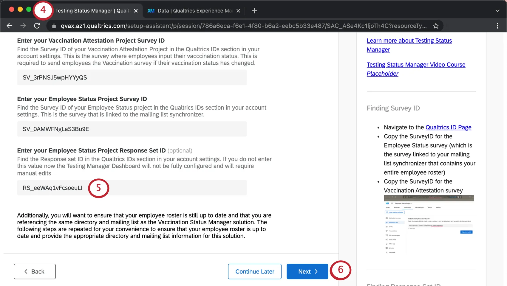 Image of tab open with testing manager setup