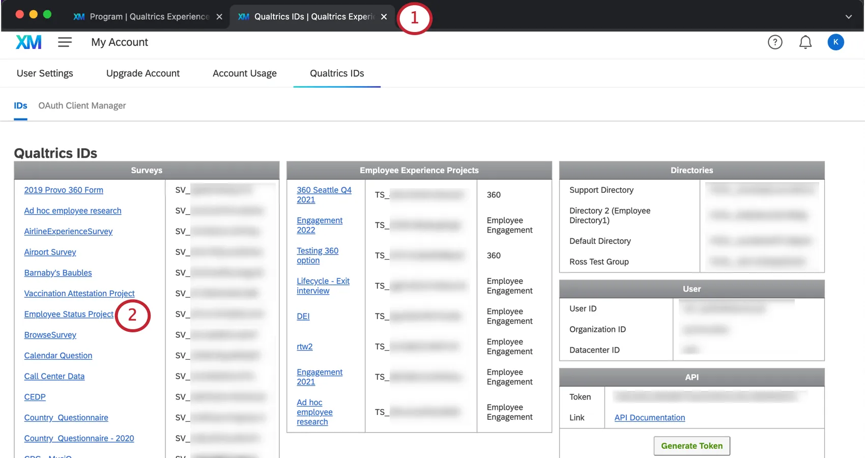 Immagine della scheda ID di Qualtrics con evidenziato il testo collegato al nome di un sondaggio