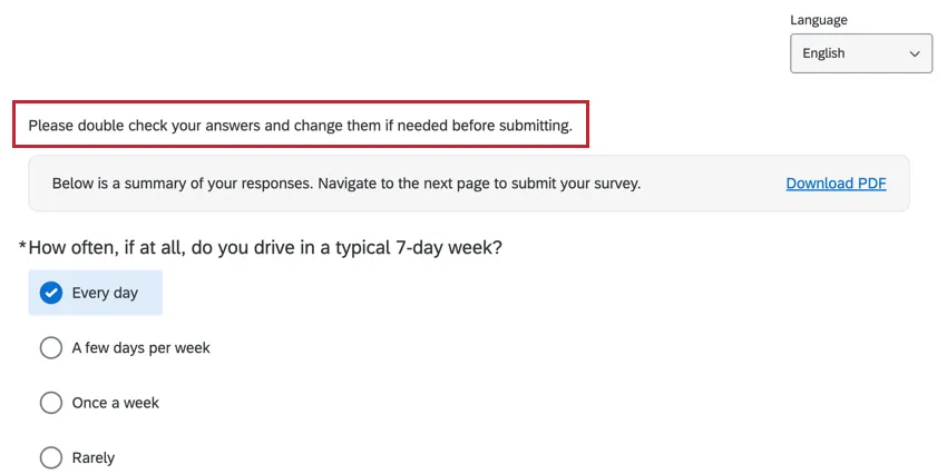 the custom response summary message at the top of the page