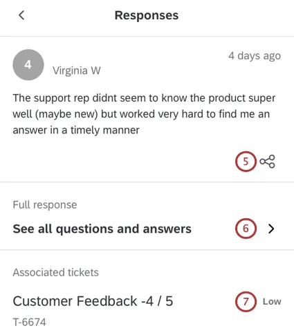 A response in the XM app - shows what the customer wrote, but also has a button for sharing, then a button to see the survey response, then a button to see the ticket