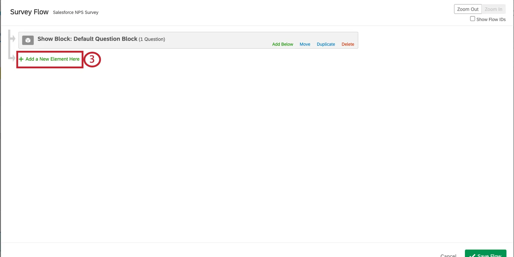 the add a new element here button in the survey flow