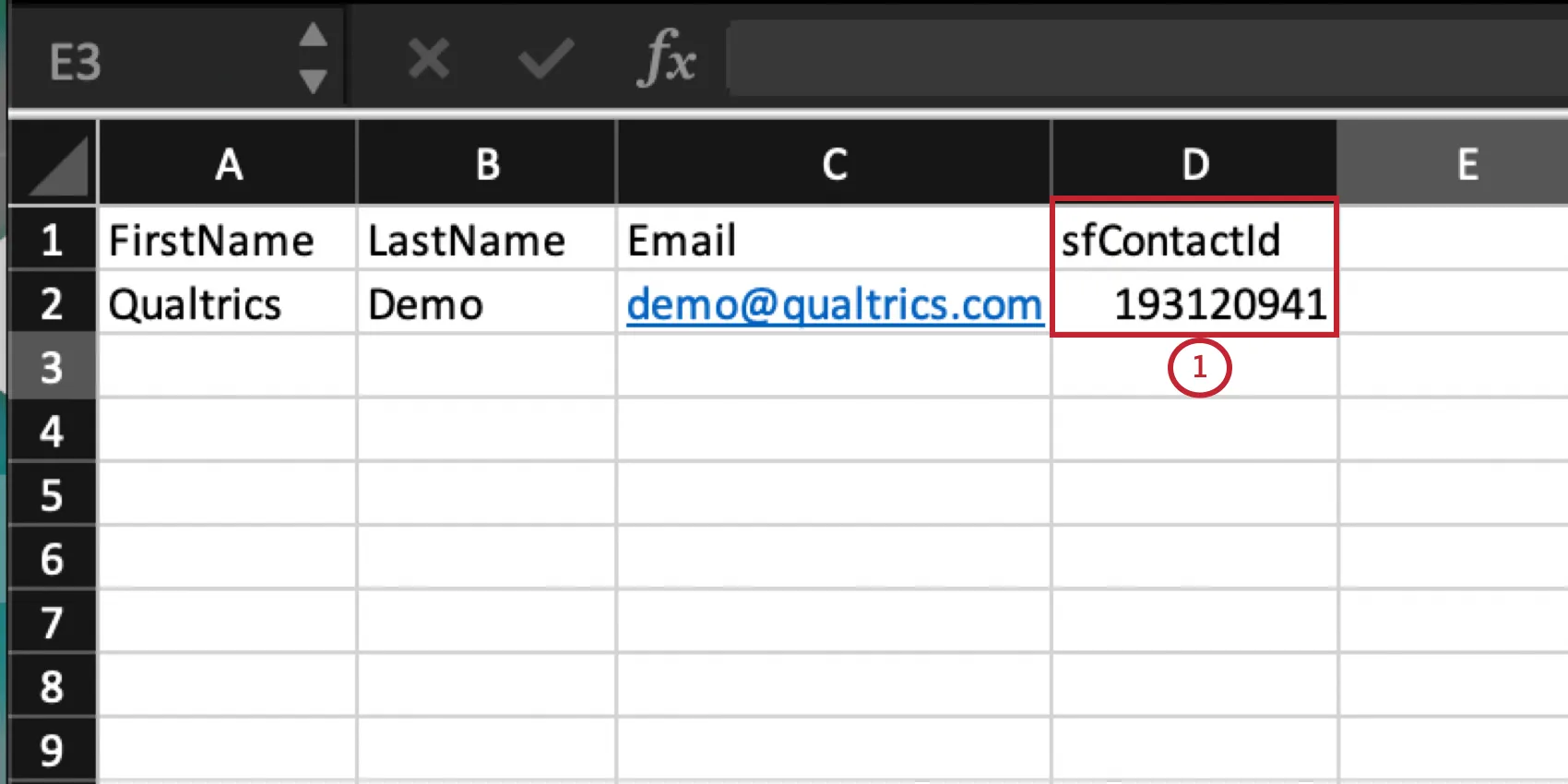 uma planilha do Excel com uma coluna para sfContactId