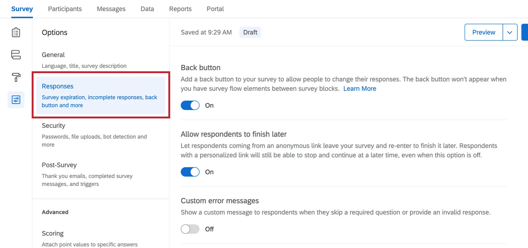 Responses section of survey options