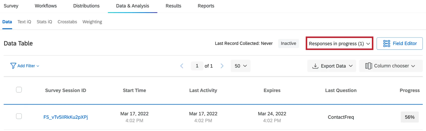 Bild des Reiters „Daten“. Oben rechts Laufende antworten für den Zugriff auf laufende Antworten hervorgehoben.