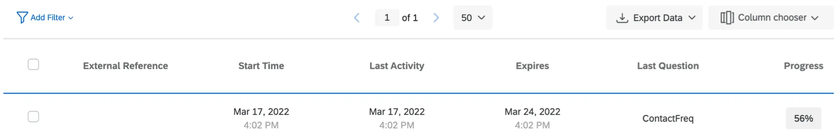 Additional columns of Responses in Progress page with one response showing