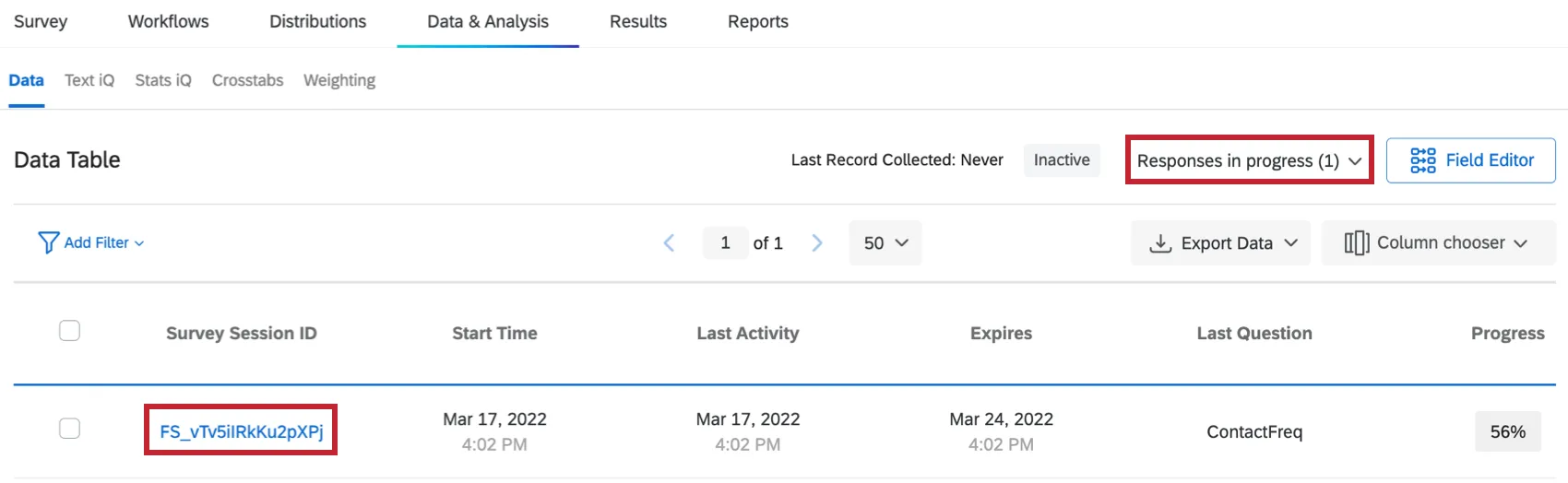 ID de sesión de Encuesta ubicada en la columna más a la izquierda de Respuestas en progreso