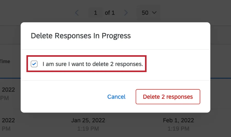 the confirmation window for deleting responses