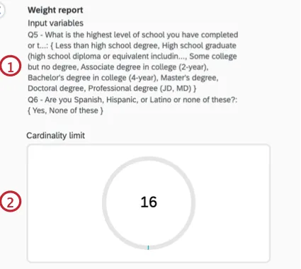 the weight report showing the input variables and cardinality limit