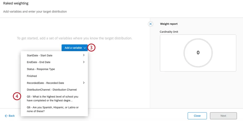 o menu adicionar uma variável para adicionar variáveis a um esquema ponderação