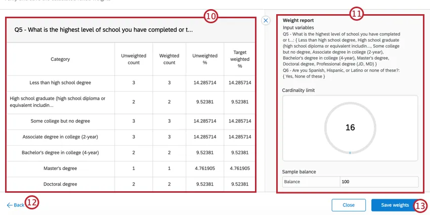 reviewing a weighting scheme before saving it