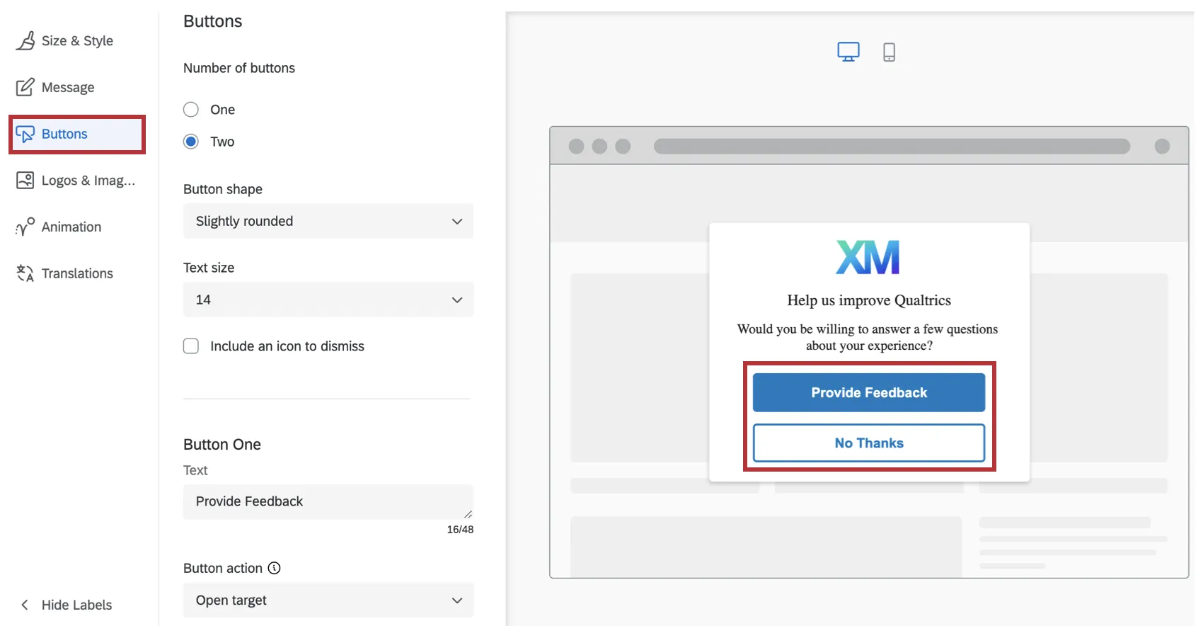 Scheda Pulsanti nelleditor di intercettazioni della finestra di dialogo reattiva