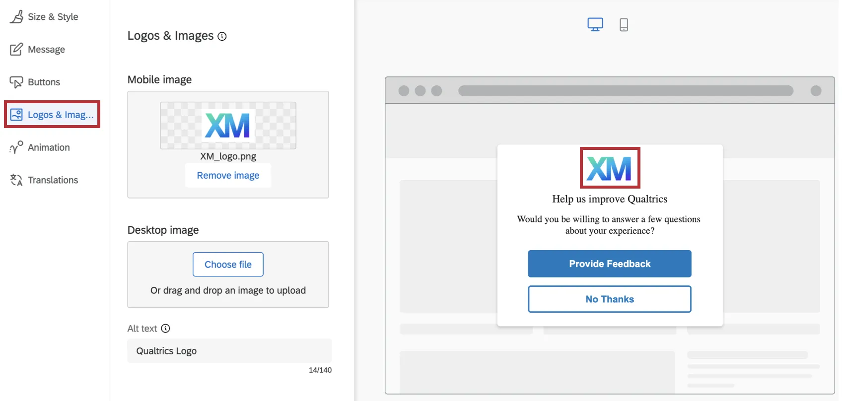 Aba Logos & imagens no editor criativo caixa de diálogo de respostas