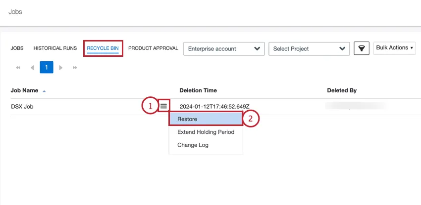clicking restore in the job options menu