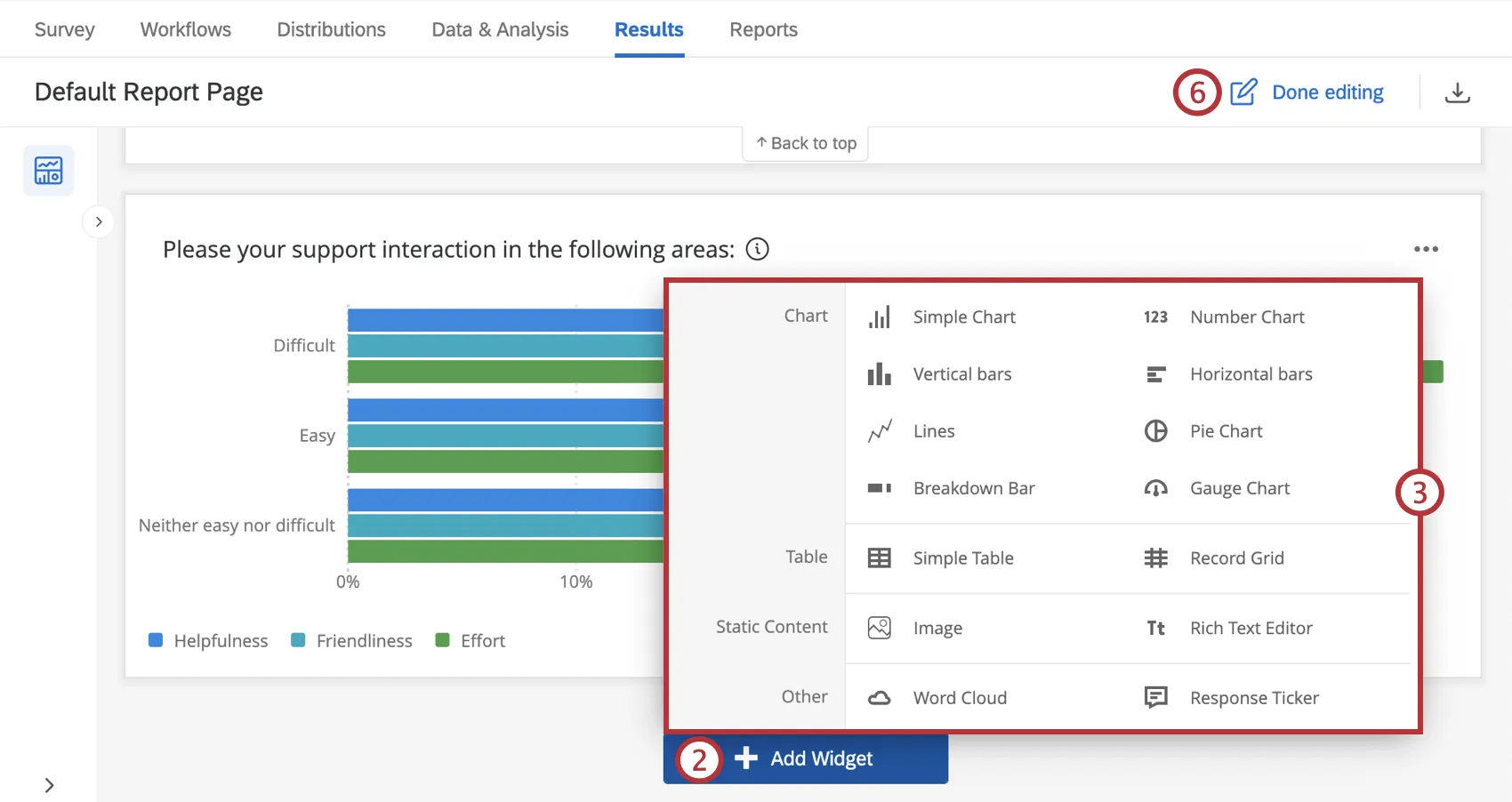 widget selection menu on a results dashboard page