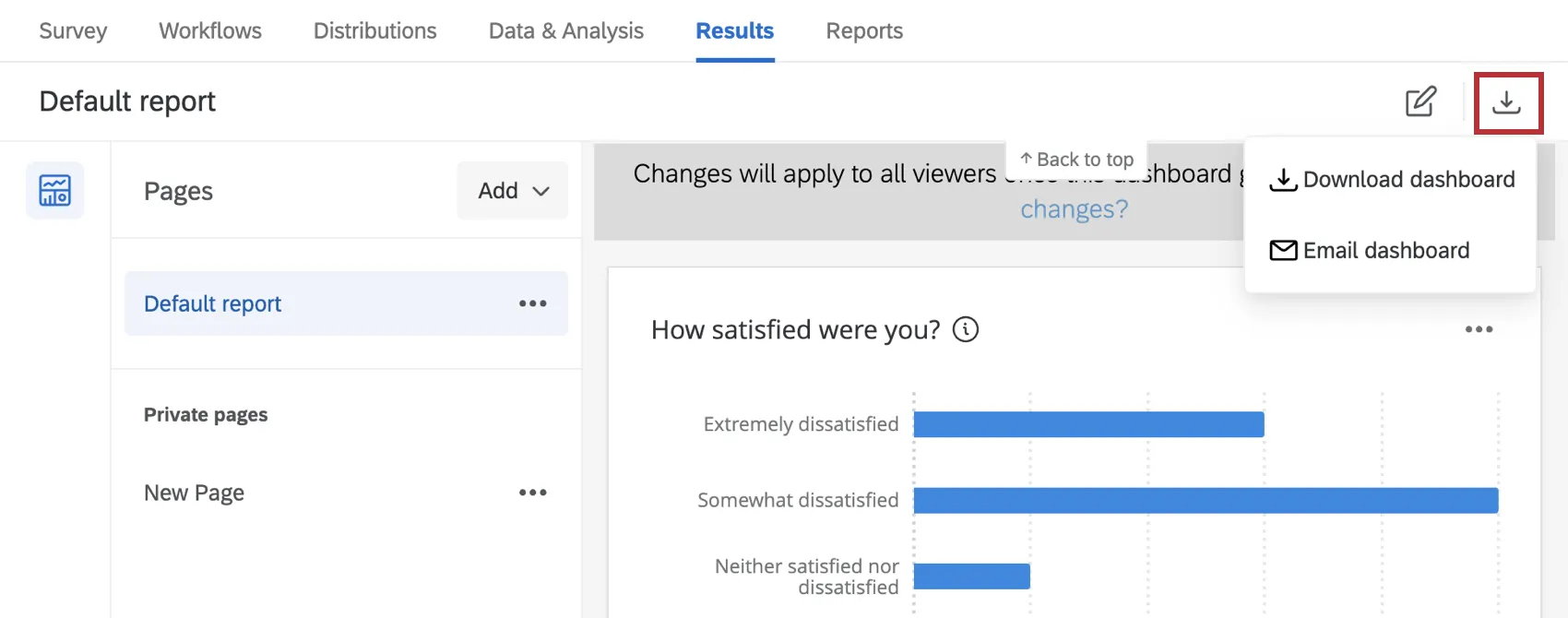 página do dashboard resultados com o botão de download destacado