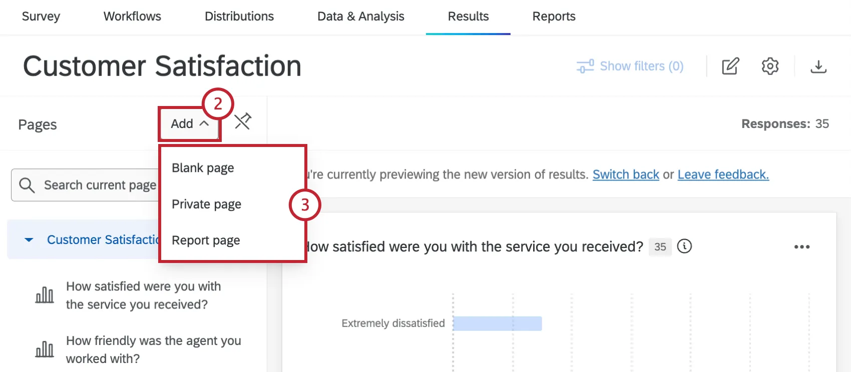 menu para adicionar páginas em um dashboard resultados