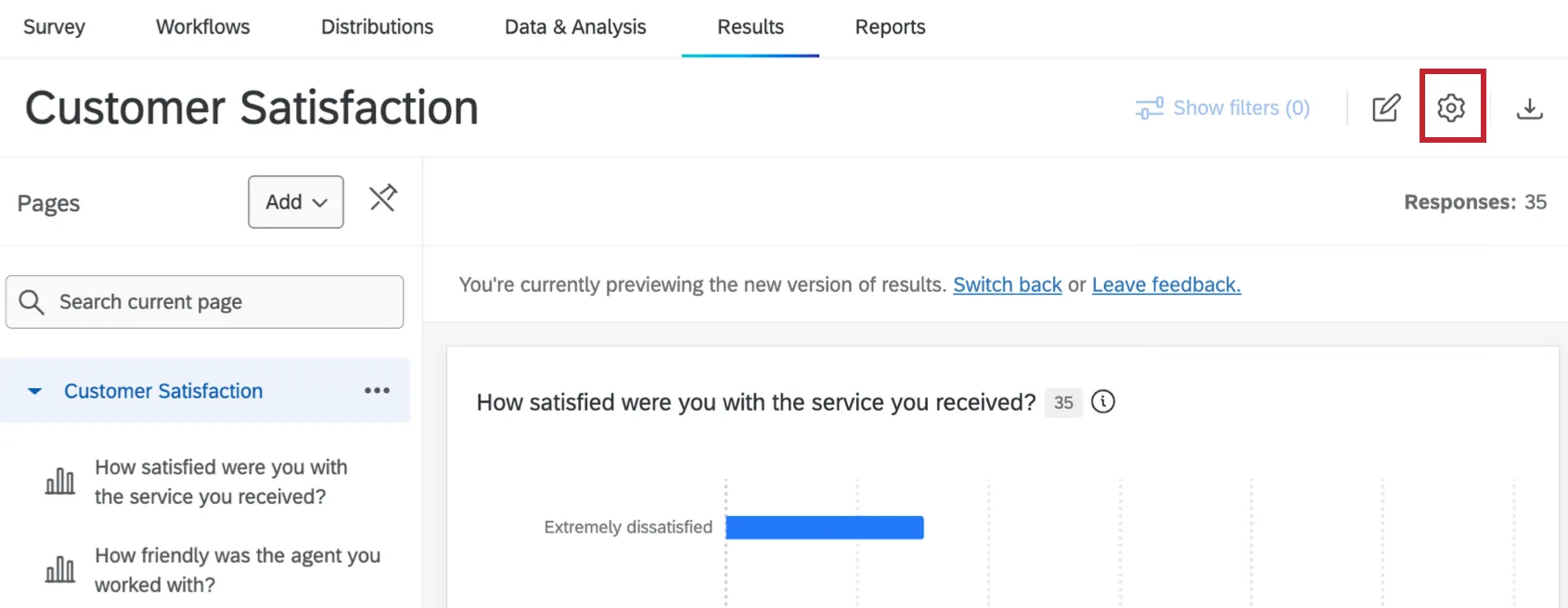 Settings button in a results dashboard