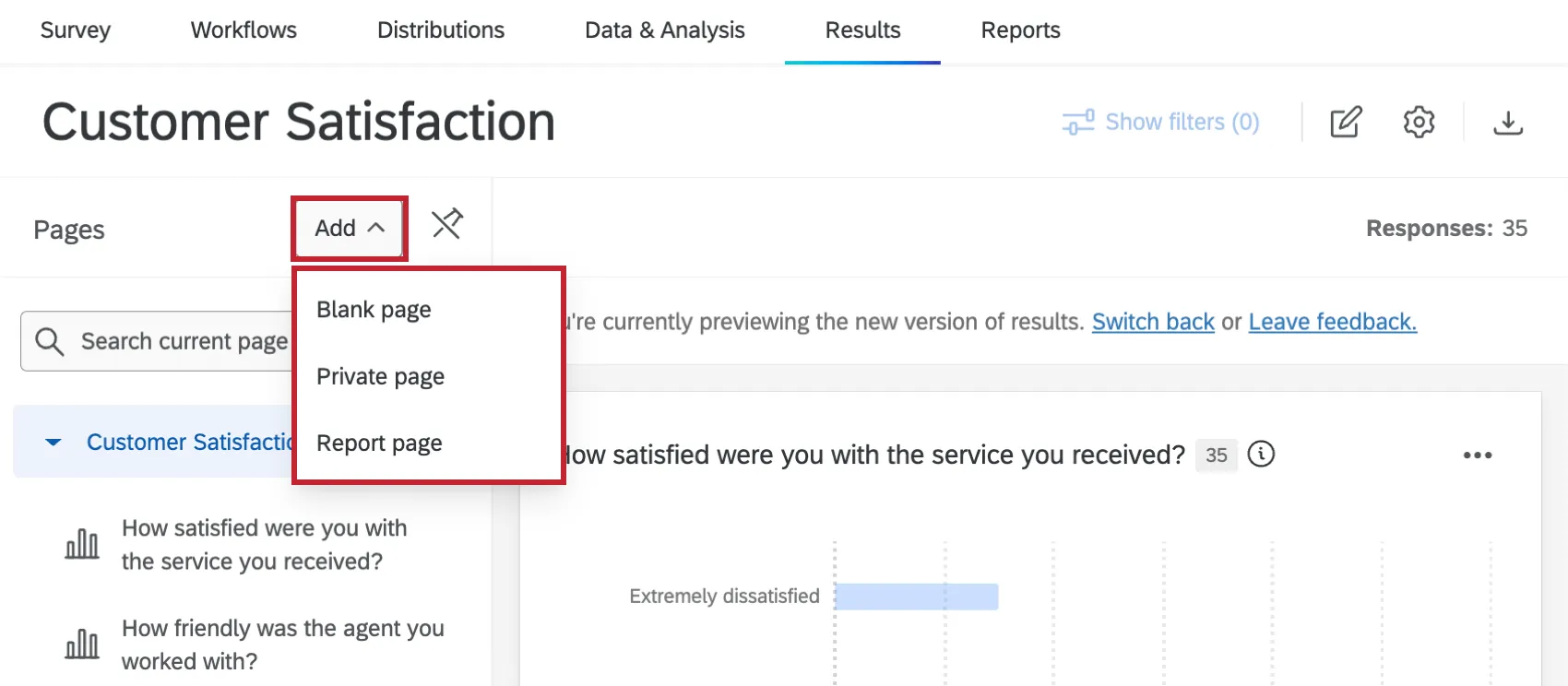 adding a new page in a results dashboard
