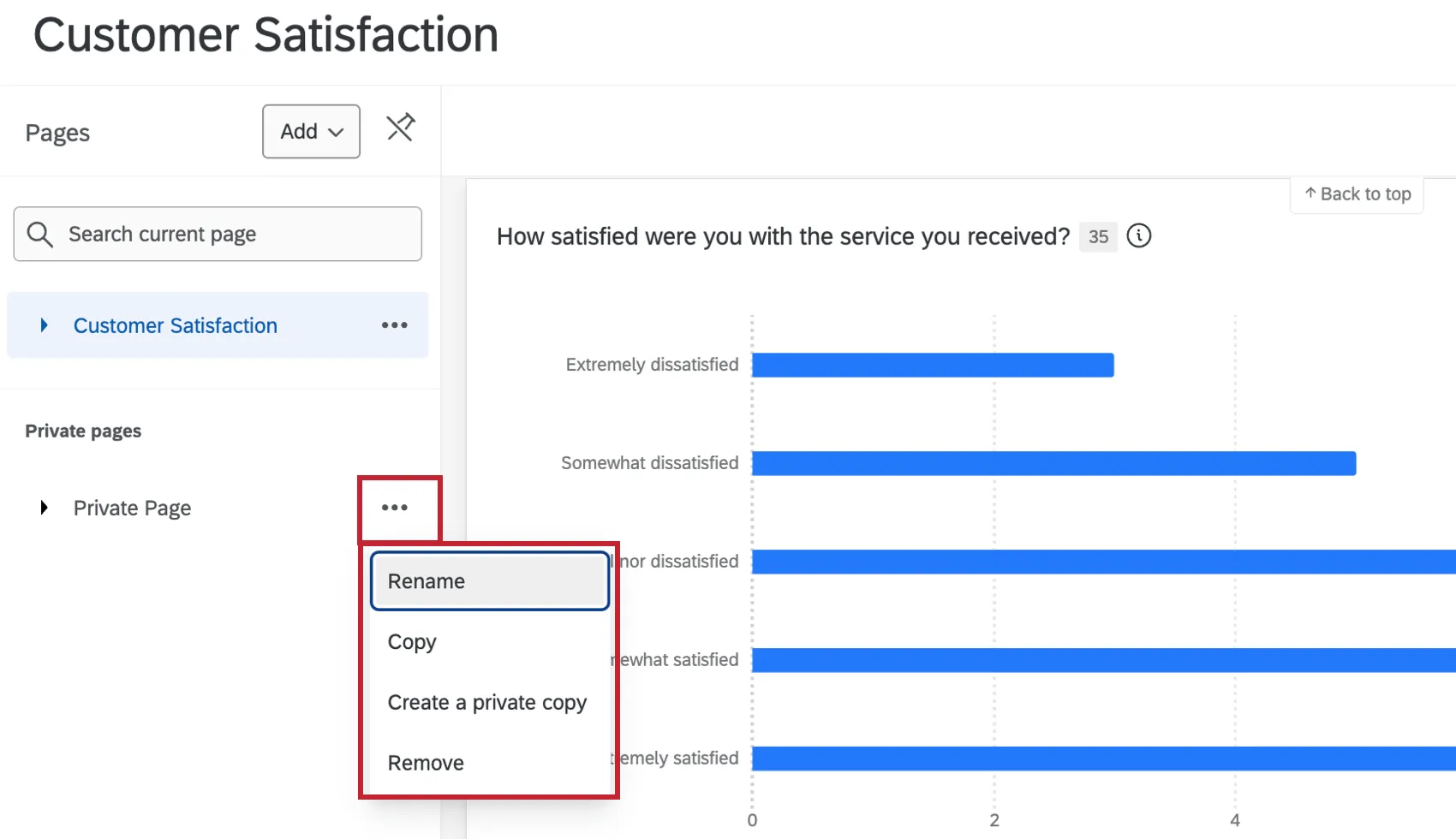 opções de página em um dashboard resultados