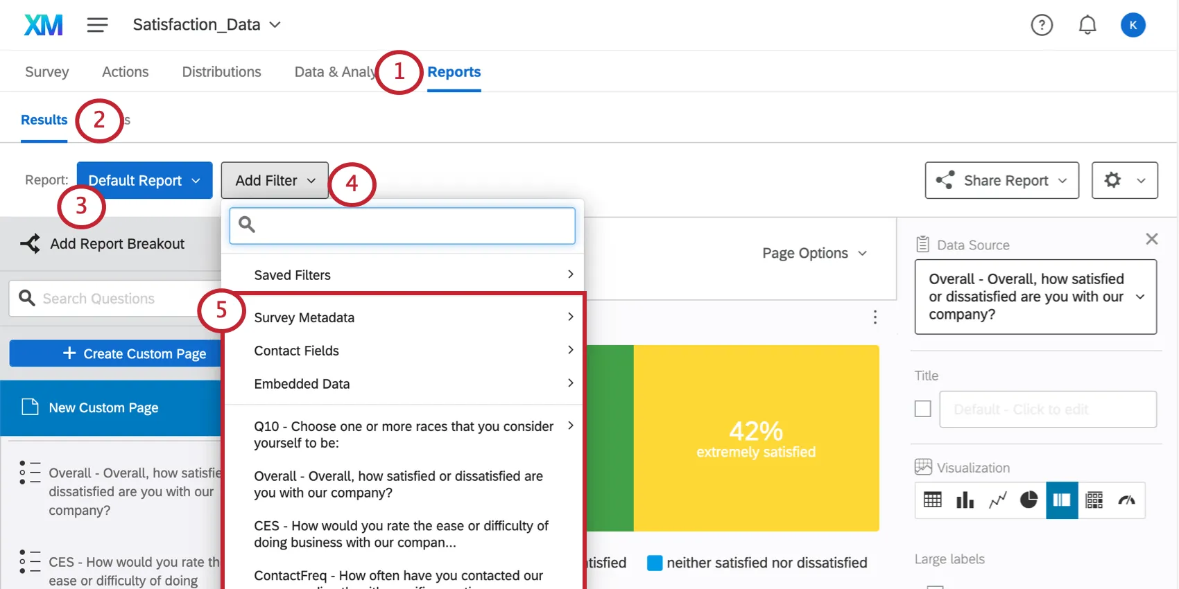 Il pulsante Aggiungi filtro visualizza una lista di tutti i campi dati del sondaggio, comprese le domande e i dati integrati