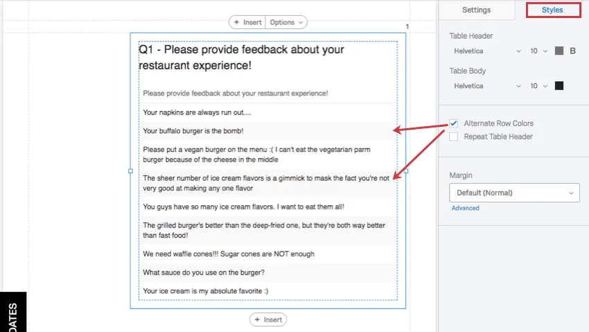 Styles tab. Arrow shows what the alternating row permission affects on the table
