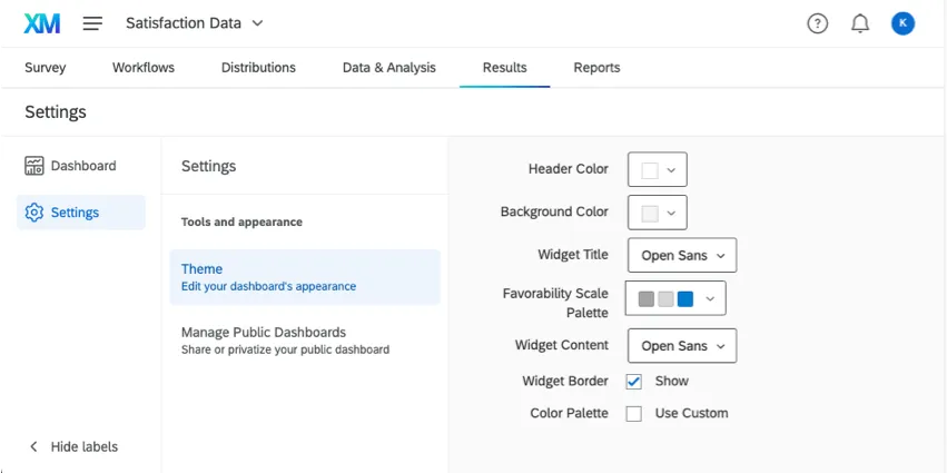Theme page in a results dashboard
