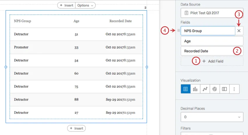 drag and drop, delete, rename, and add field options highlighted