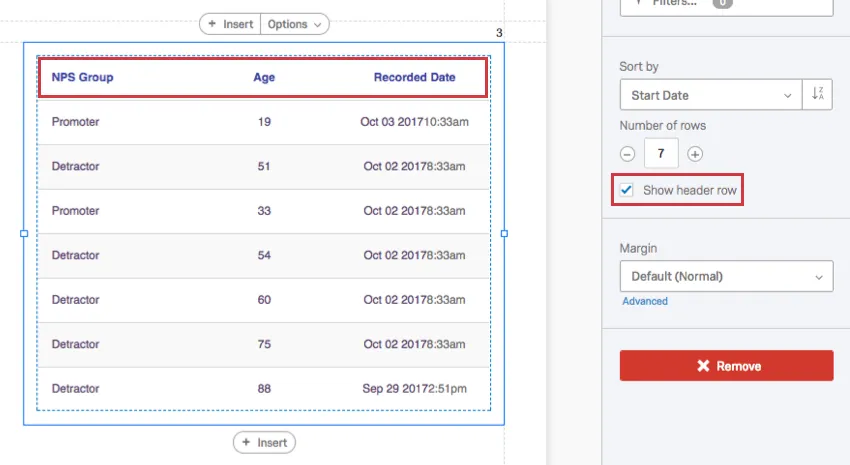 Show header row is selected