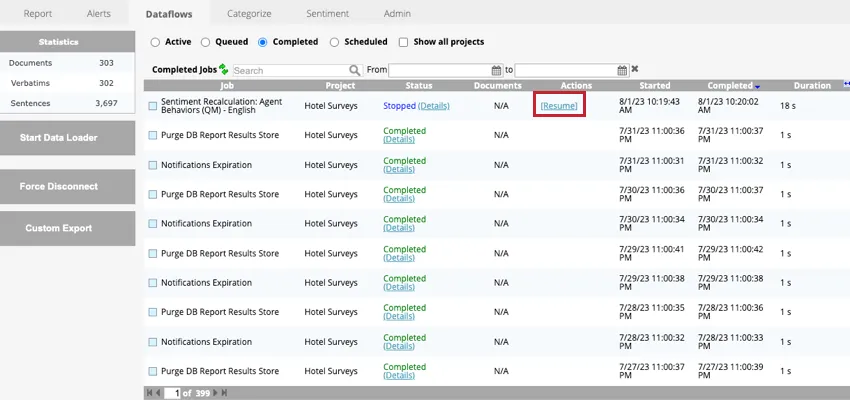 Facendo clic sullopzione Riprendi avanti ad un flusso di dati
