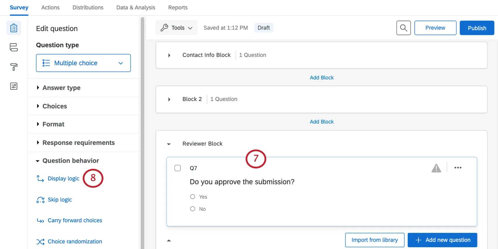 Showing display logic in the question editing page to the left