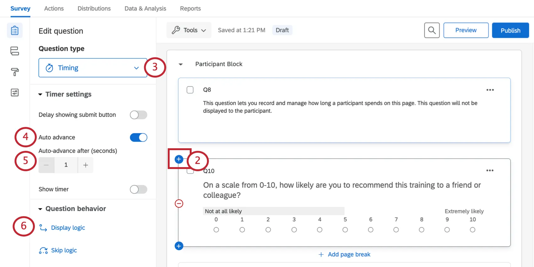 Showing how to hover over a question to get a plus sign to appear so you can add questions above it; then, when selecting a timing question, shows all the different options in the editing pane, from question type, to auto advance, to question behavior