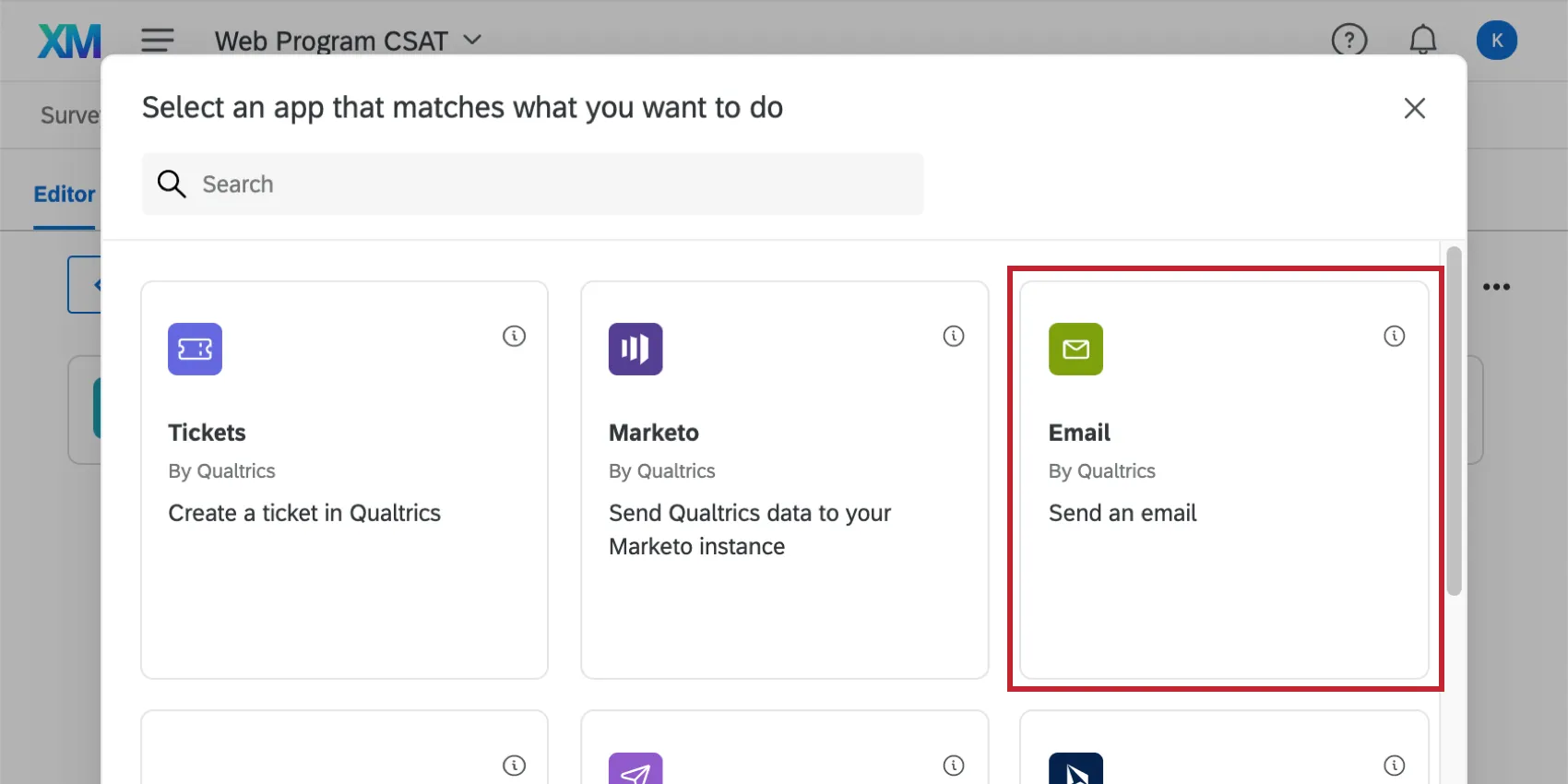 the email task in the task selection window