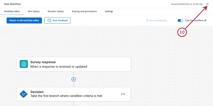 X in the upper-right corner of the workflow building screen is indicated