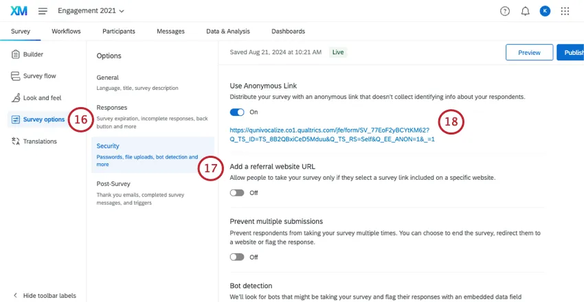 in survey options, in security section, anonymous link is enabled, making a URL appear