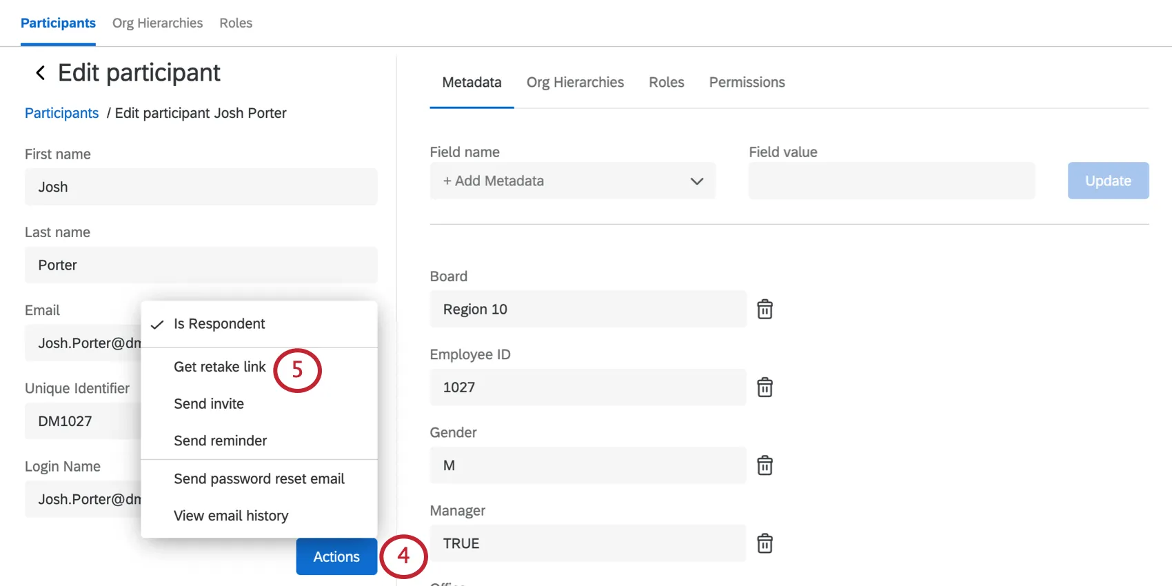 Das Fenster Teilnahmeinformationen wird mit aufgeklappter Dropdown-Liste Aktionen geöffnet.