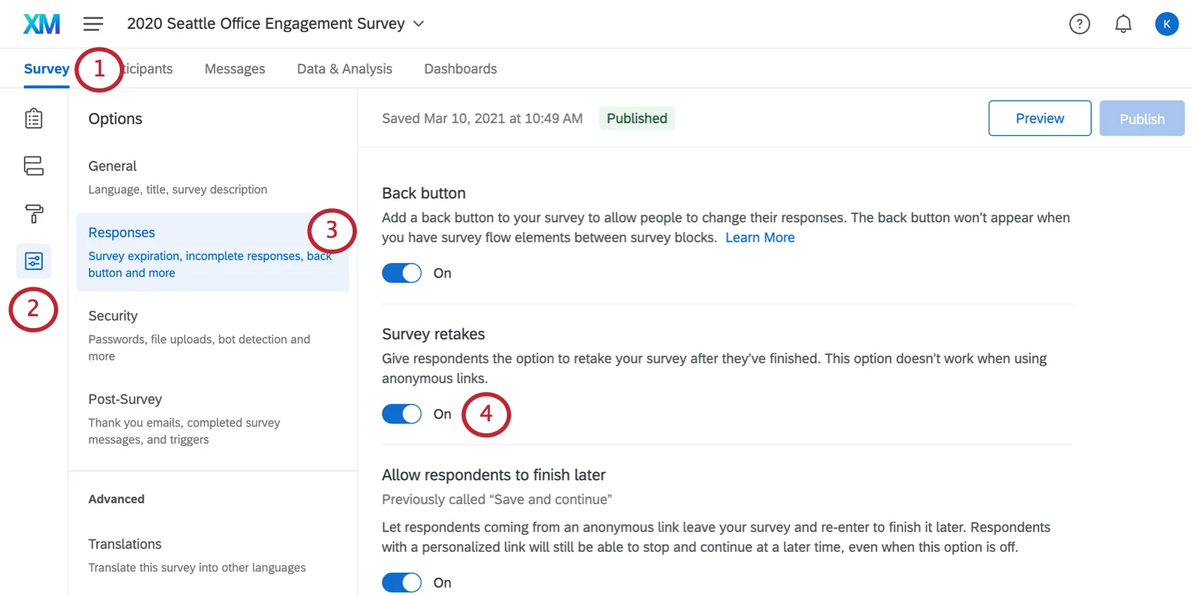 Image of survey options opened with survey retake enabled