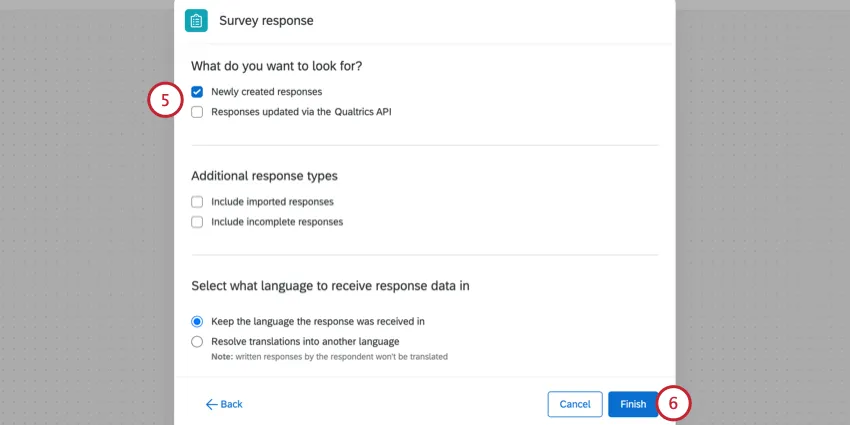 choosing newly created responses and clicking finish