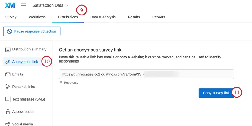 copier le lien de reprise à partir de longlet Distribution
