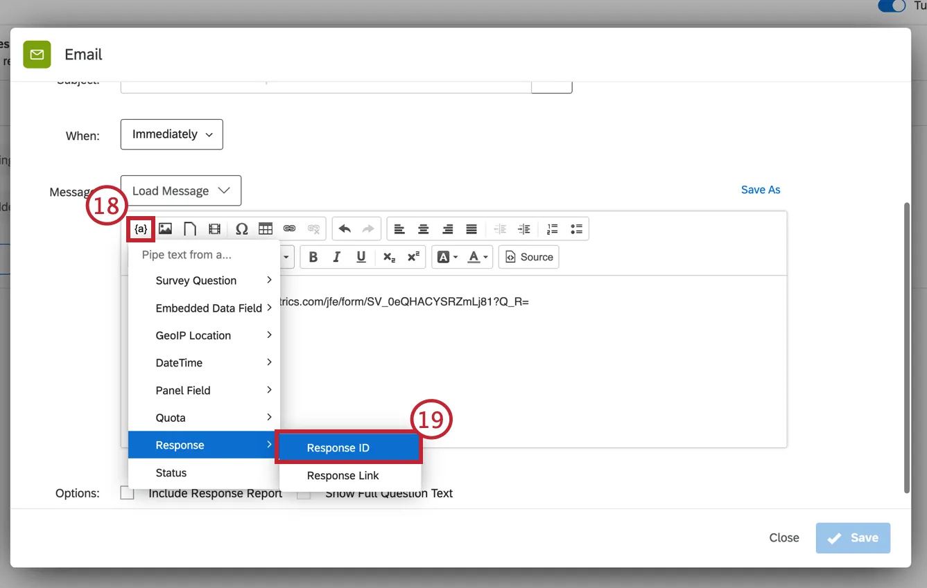 El menú de texto dinámico en el editor de mensajes está abierto y la opción de identificación de respuesta está seleccionada