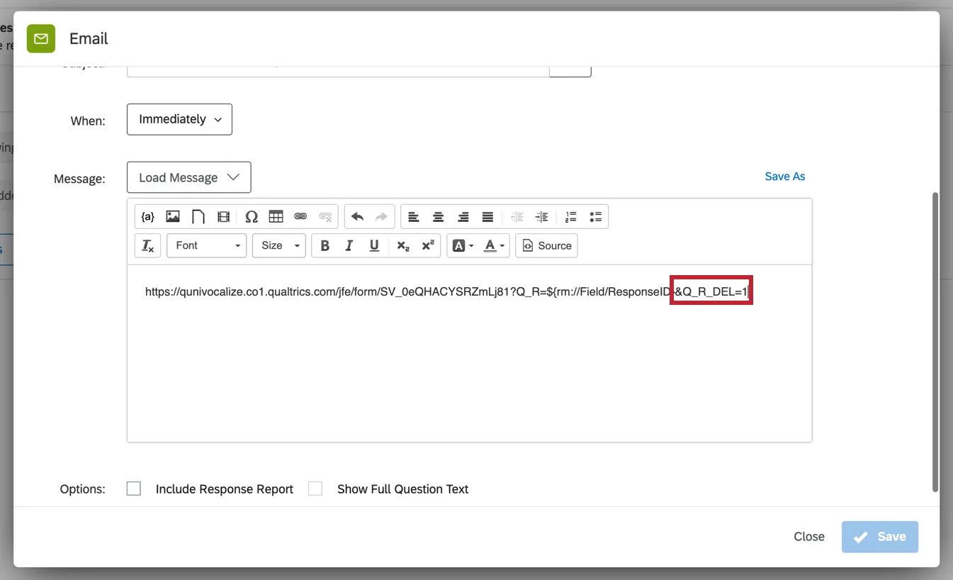 un link di riprendi la risposta nelleditor di posta elettronica. la stringa &Q_R_DEL=1 viene aggiunta alla fine dellurl in modo che la riprendi la risposta sovrascriva la risposta originale
