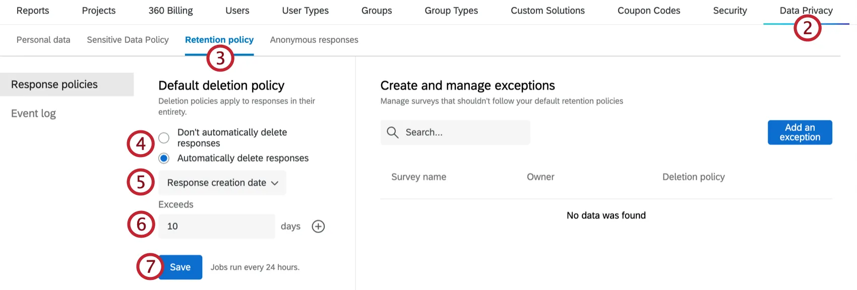 accessing data retention policy tab within admin tab