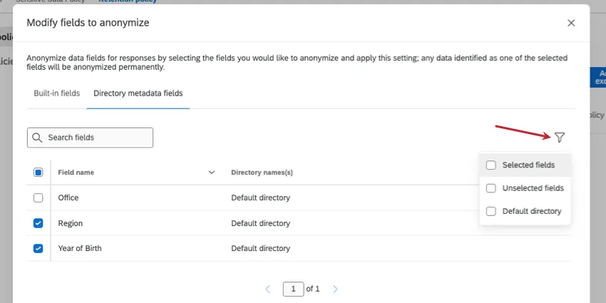 Filter button expanded to show options described
