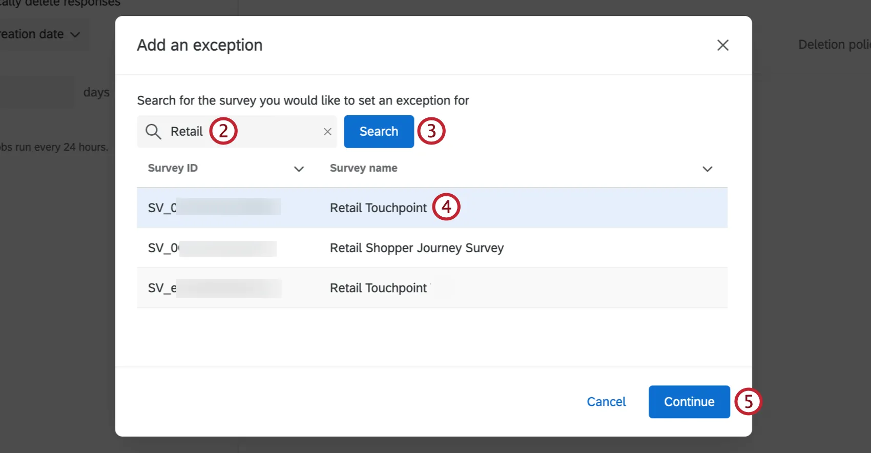 searching for a survey to set up a retention policy exception