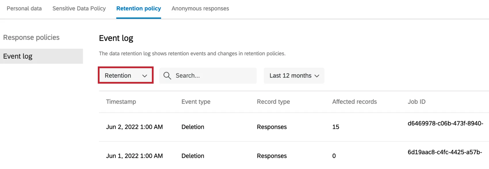 retention events in the event log