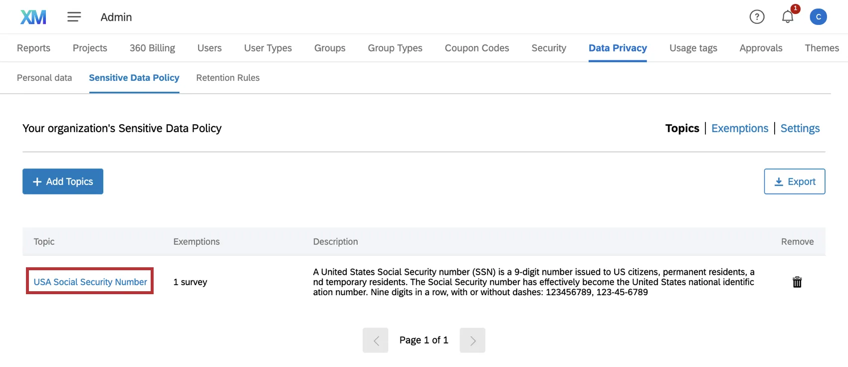 Topic on the sensitive data page