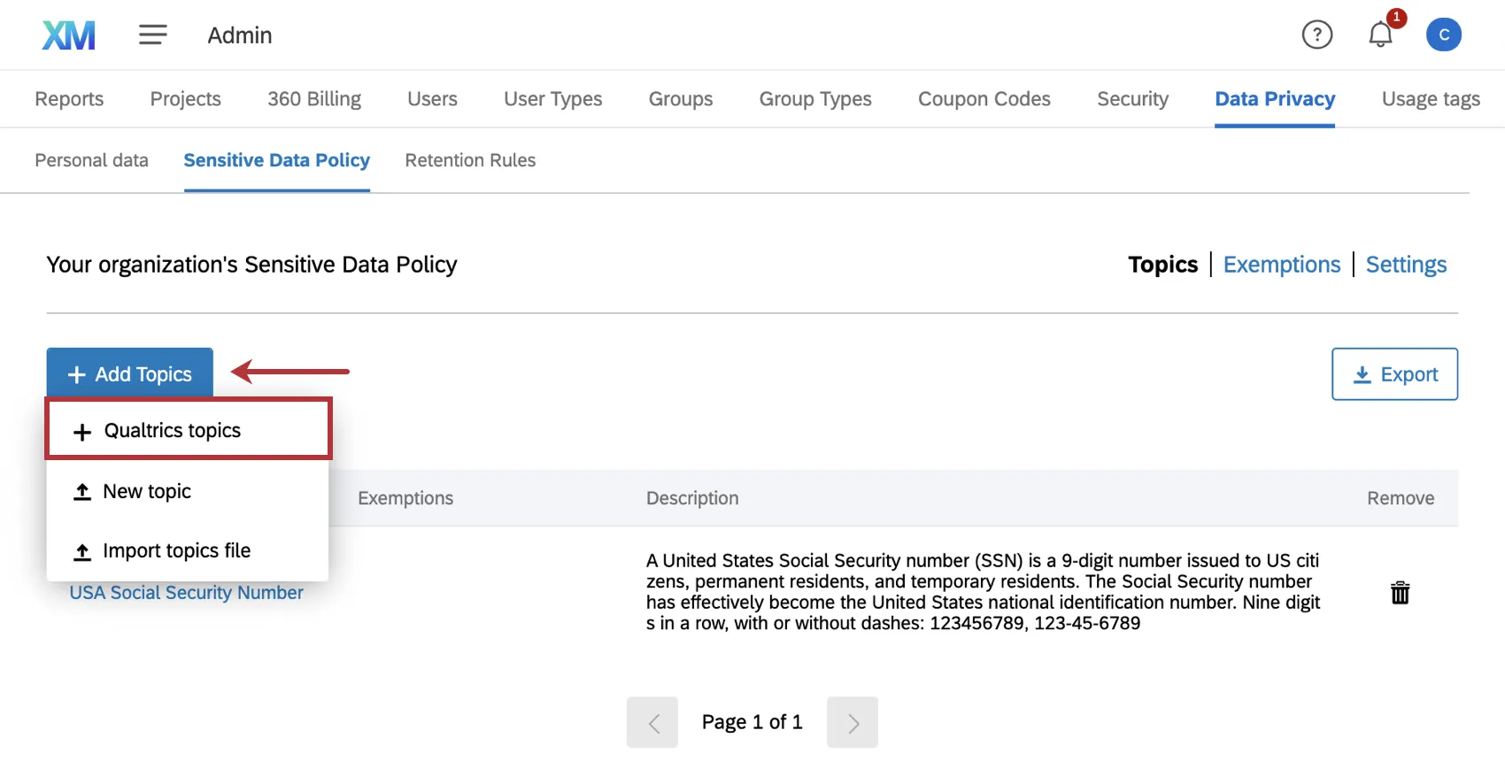 image of the add topics button. the qualtrics topics option is highlighted